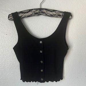 Black summer crop tank, faux buttons. Size S